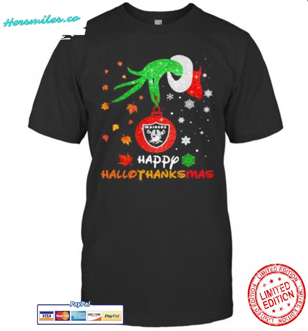 Grinch Holding Las Vegas Raiders Logo Happy Hallothanksmas Halloween Thanksgiving Christmas T-Shirt
