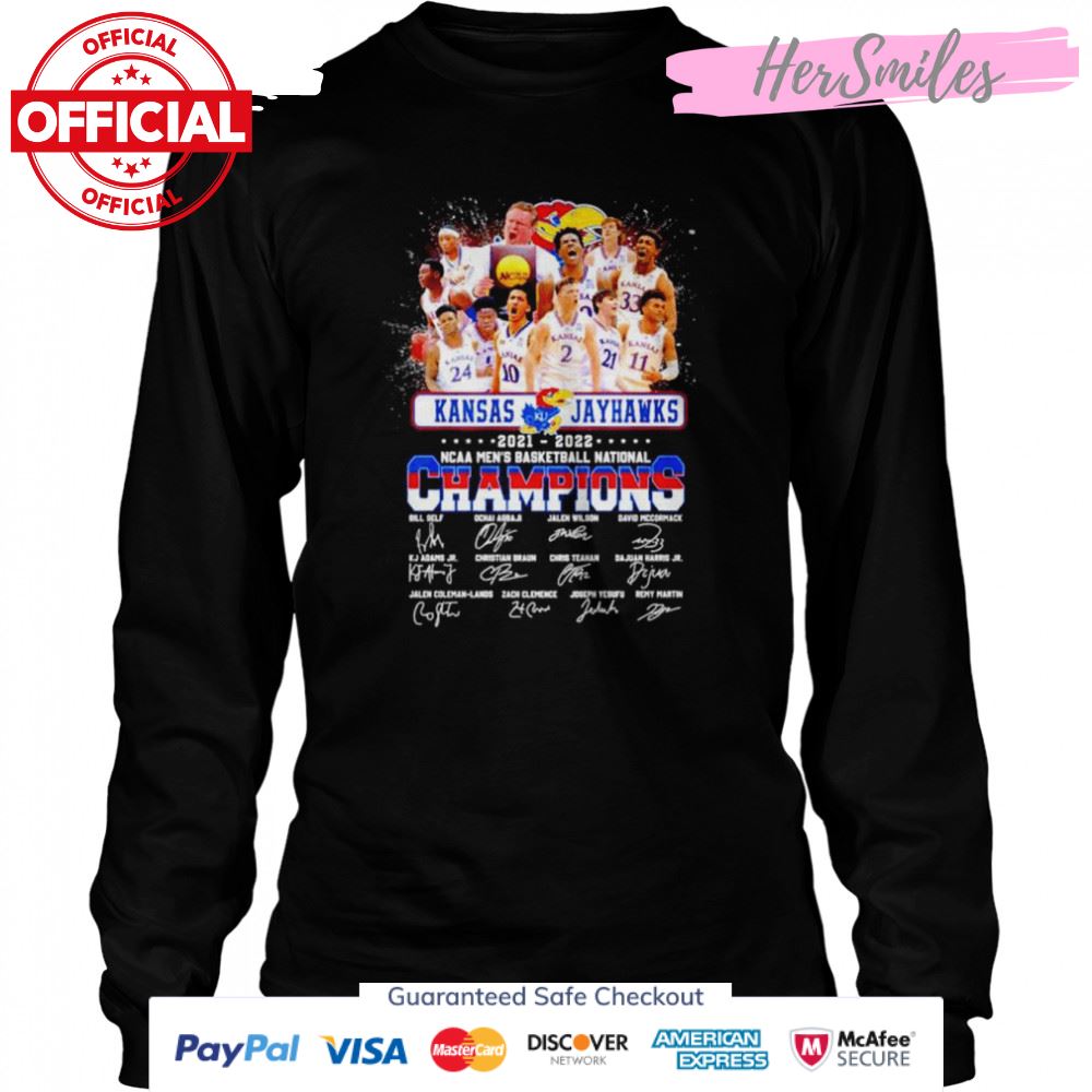 Kansas Jayhawks 2021 2022 NCAA Men’s Basketball National Champions signatures T-shirt Kansas Jayhawks 2021 2022 NCAA Men’s Basketball National Champions signatures T-shirt