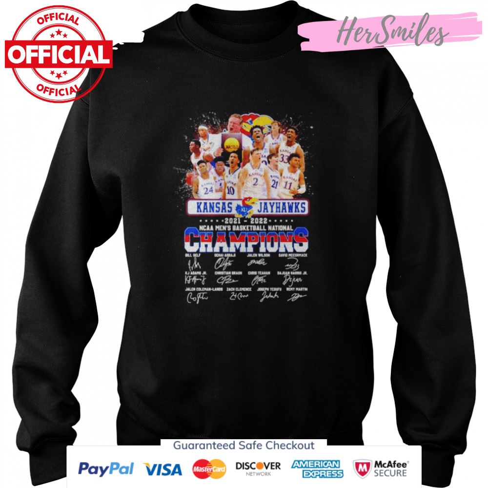 Kansas Jayhawks 2021 2022 NCAA Men’s Basketball National Champions signatures T-shirt Kansas Jayhawks 2021 2022 NCAA Men’s Basketball National Champions signatures T-shirt