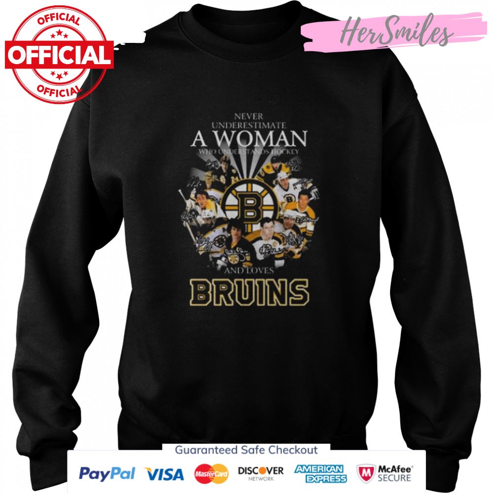Never underestimate a woman who understands Hockey and loves Boston Bruins signatures shirt Never underestimate a woman who understands Hockey and loves Boston Bruins signatures shirt