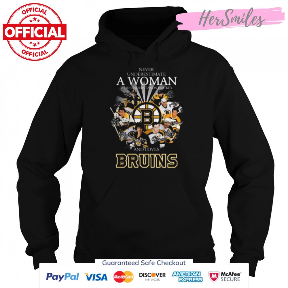 Never underestimate a woman who understands Hockey and loves Boston Bruins signatures shirt Never underestimate a woman who understands Hockey and loves Boston Bruins signatures shirt