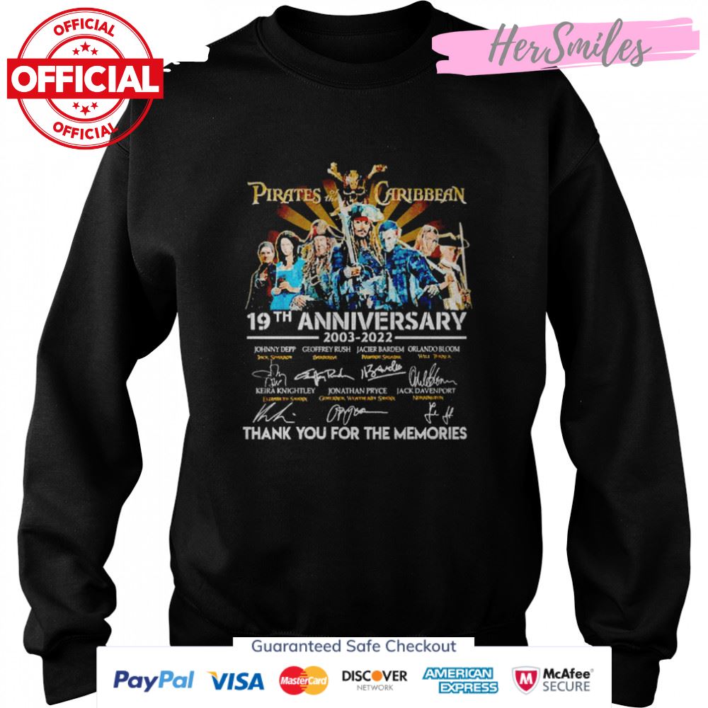Pirates of the Caribbean 19th anniversary 2003-2022 thank you for the memories signatures shirt Pirates of the Caribbean 19th anniversary 2003-2022 thank you for the memories signatures shirt
