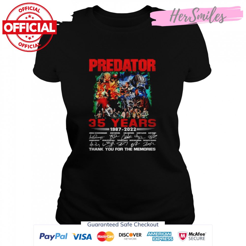 Predator 35 years 1987 2022 signatures thank you for the memories movie shirt