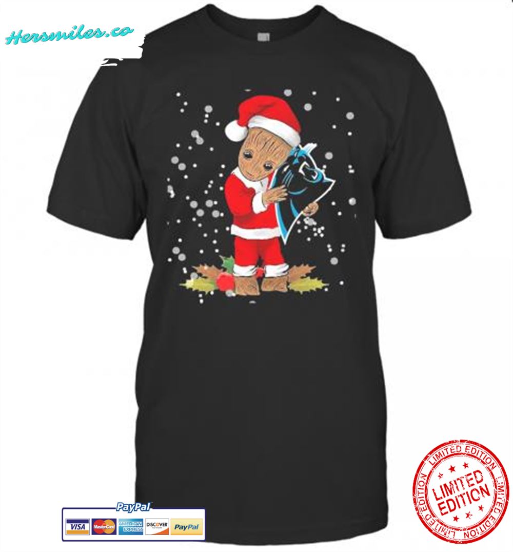Santa Baby Groot Hug Carolina Panthers Christmas T-Shirt
