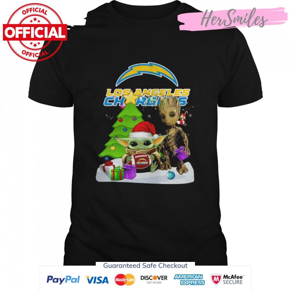 santa Bigfoot and Baby Yoda hug Los Angeles Chargers Snow Christmas Tree Classic T-Shirt
