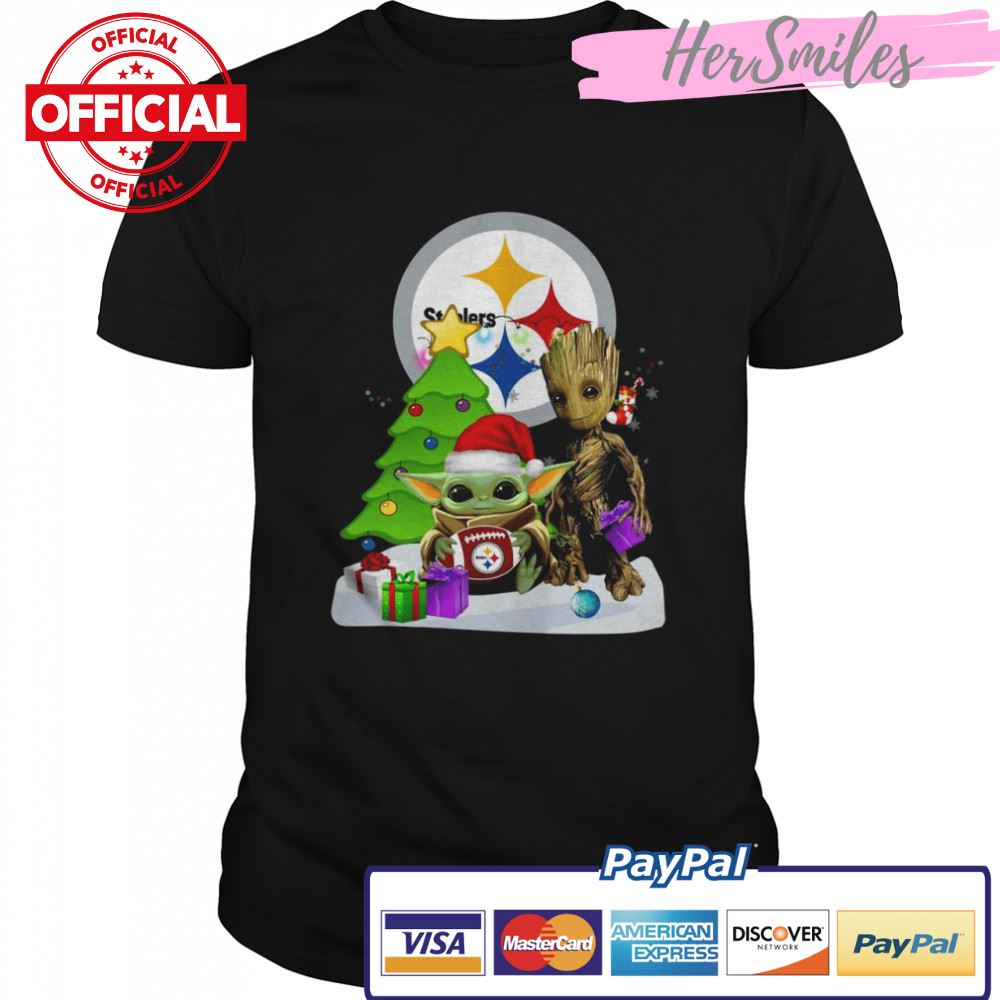 santa Bigfoot and Baby Yoda hug Pittsburgh Steelers Snow Christmas Tree shirt