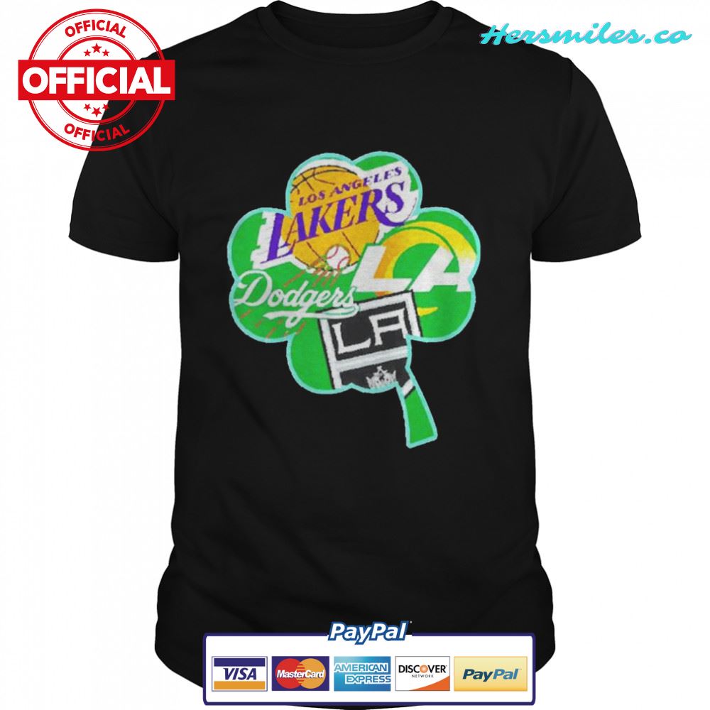 St. Patrick’s Day Los Angeles Lakers Los Angeles Rams Los Angeles Dodgers Los Angeles Kings four leaf clover shirt