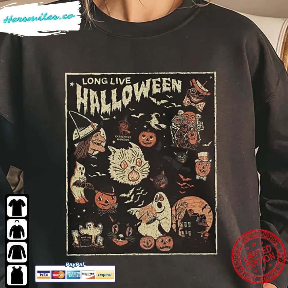Vintage Long Live Halloween Shirt Black Cat Retro Fall T-Shirt
