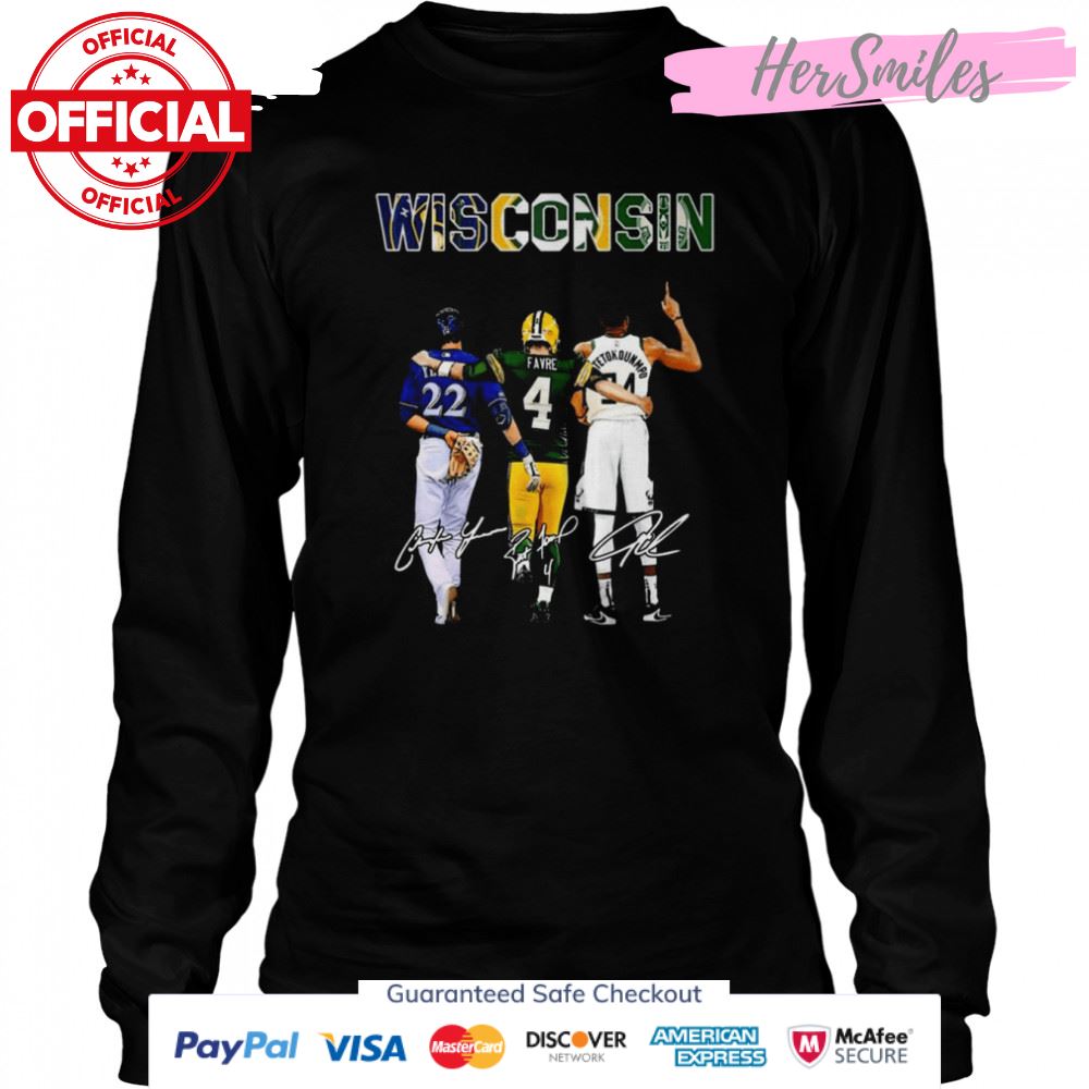 Wisconsin Team Sport Christian Yelich And Brett Favre And Antetokounmpo Signatures Shirt Wisconsin Team Sport Christian Yelich And Brett Favre And Antetokounmpo Signatures Shirt