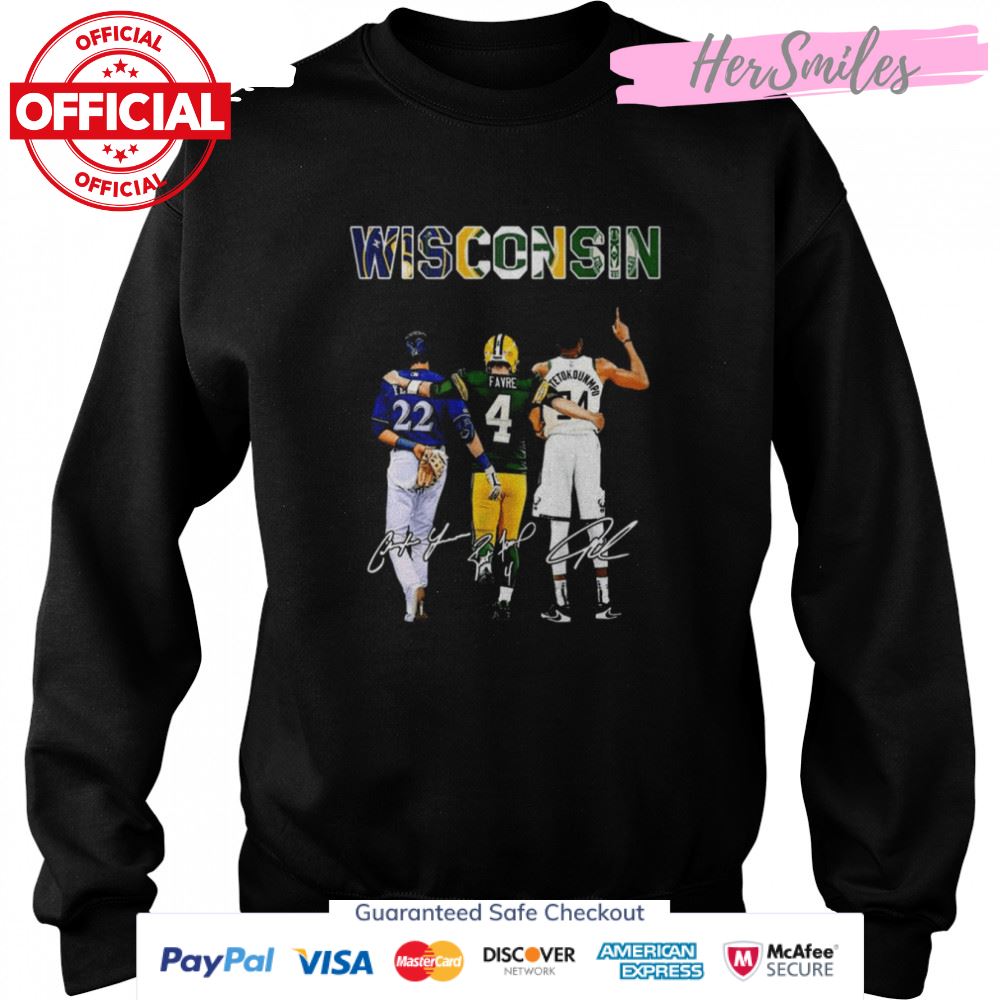 Wisconsin Team Sport Christian Yelich And Brett Favre And Antetokounmpo Signatures Shirt Wisconsin Team Sport Christian Yelich And Brett Favre And Antetokounmpo Signatures Shirt