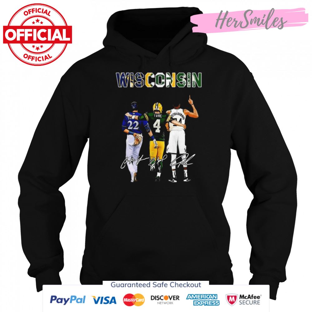 Wisconsin Team Sport Christian Yelich And Brett Favre And Antetokounmpo Signatures Shirt Wisconsin Team Sport Christian Yelich And Brett Favre And Antetokounmpo Signatures Shirt