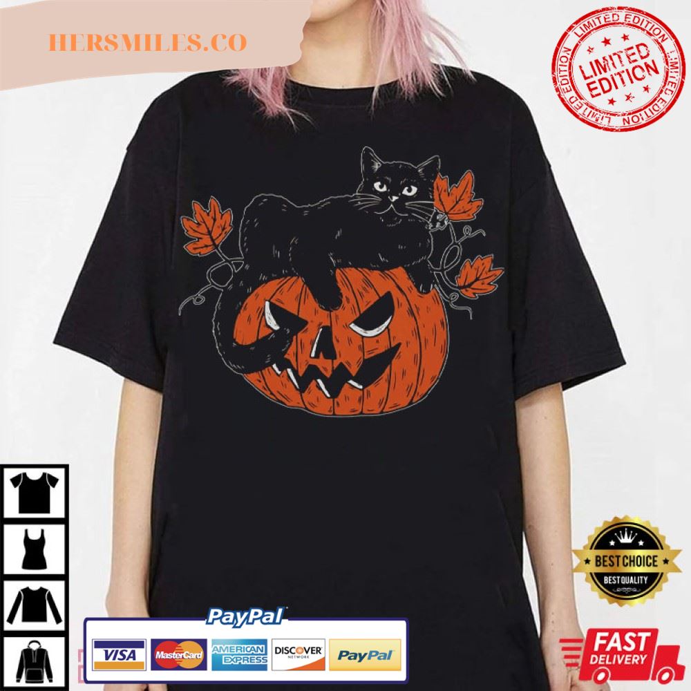 Black Cat On Pumpkin Halloween T-Shirt