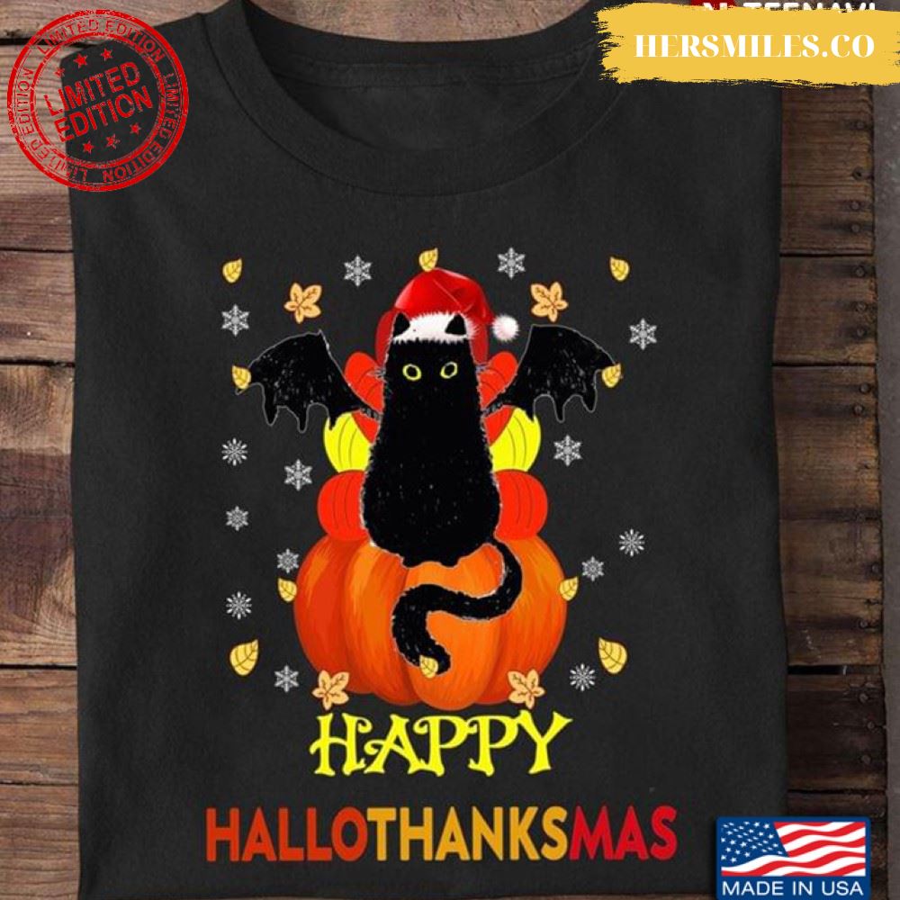 Happy HalloThanksMas Black Cat Halloween Thanksgiving Christmas Shirt