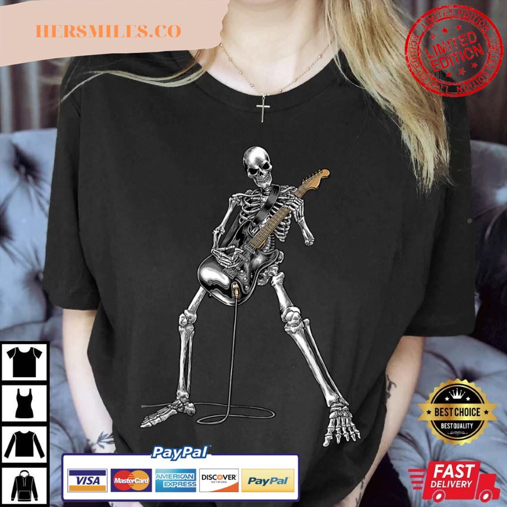 Happy Skeleton Guitar Guy Halloween Rock Band Concert T-Shirt