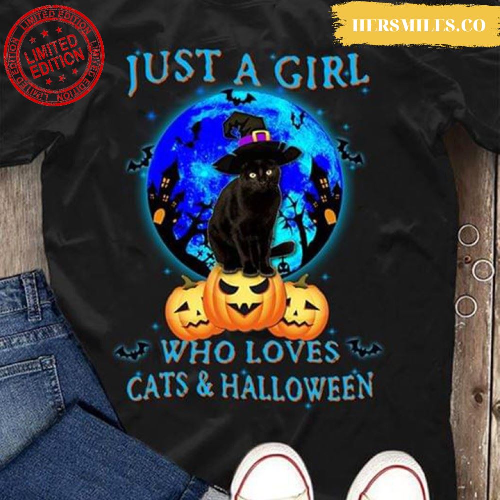 Pumpkin Witch Cat Just A Girl Who Loves Cats And Halloween T-Shirt