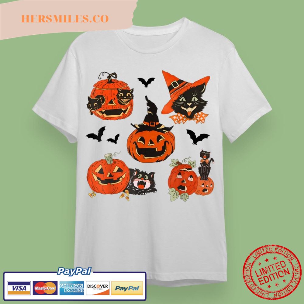 Vintage Halloween Retro Pumpkins Black Cats T-Shirt
