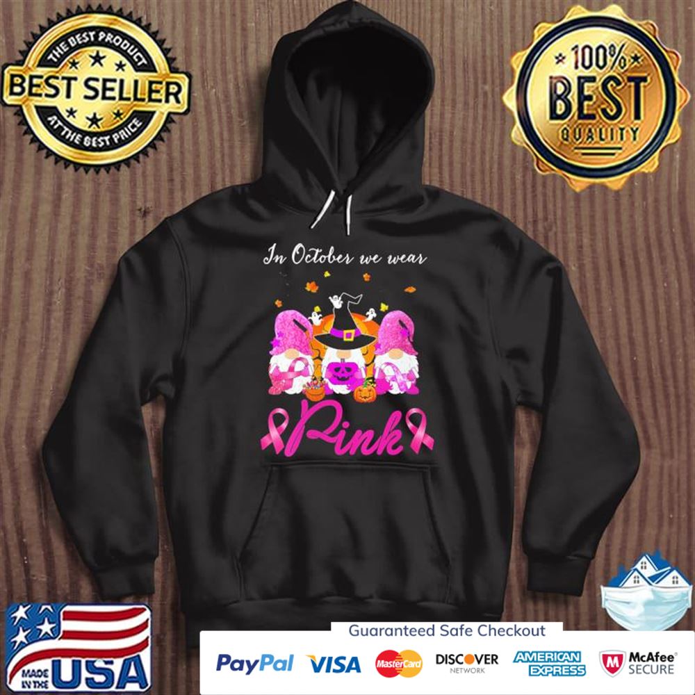 Womens in october we wear pink gnomes halloween breast cancer awareness t-shirt