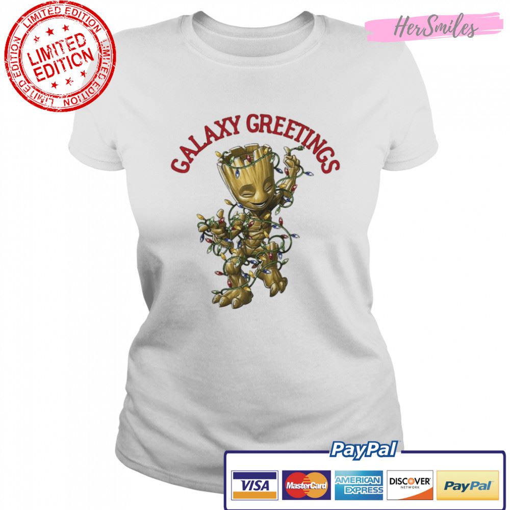Baby Groot Galaxy Greetings Christmas Light Shirt