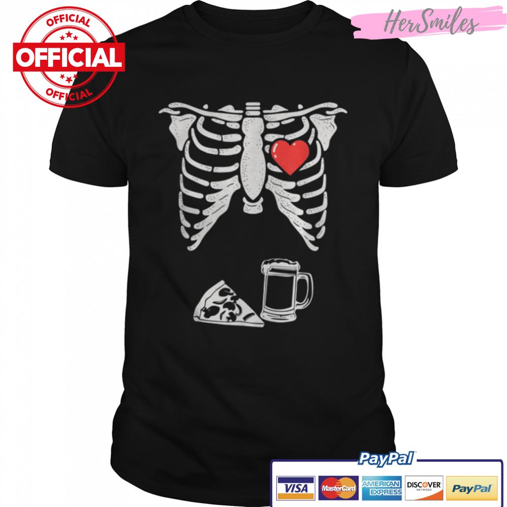 Funny Skeleton Pizza &amp Beer Stomach Adult Halloween Joke T-Shirt B0BKL9ZCM5