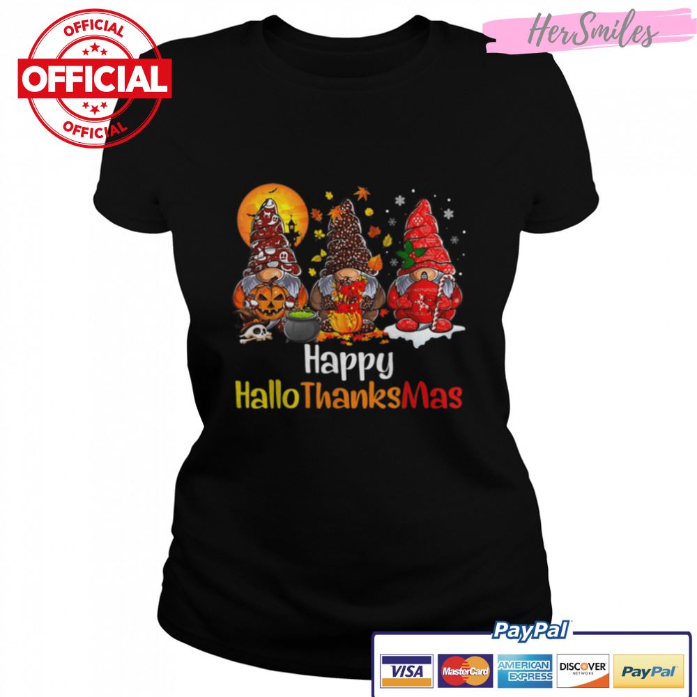 Happy Hallothanksmas Gnomes Halloween Thanksgiving Christmas T-Shirt B0BKKS8H8B