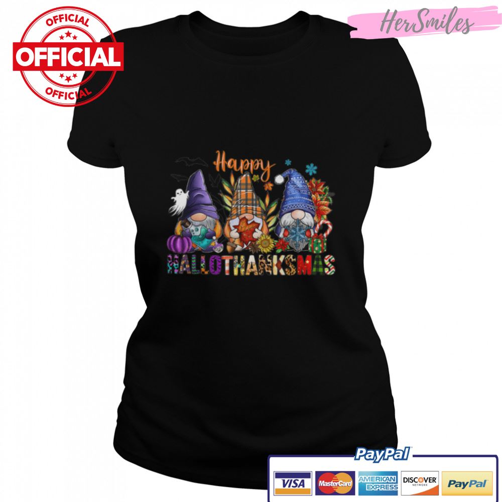 Happy Hallothanksmas Gnomes Halloween Thanksgiving Christmas T-Shirt B0BKKTS6LH