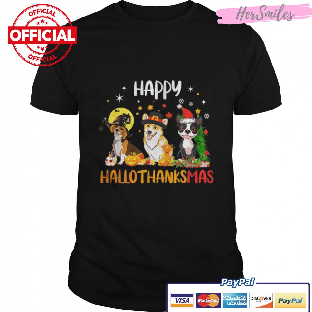 Happy HalloThanksMas Halloween Thanksgiving Christmas Dog T-Shirt B0BKKZ3SV2