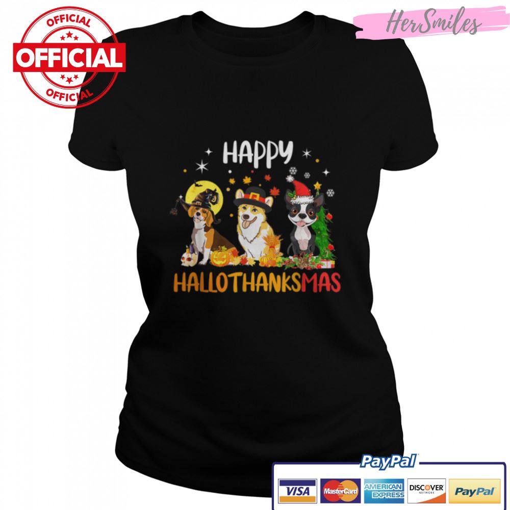 Happy HalloThanksMas Halloween Thanksgiving Christmas Dog T-Shirt B0BKKZ3SV2