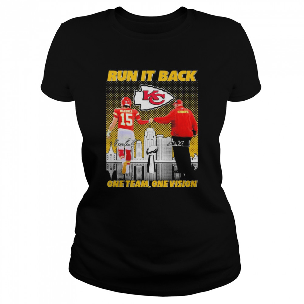 Kansas City Chiefs Mahomes and Andy Reid Run it back one team one vision signatures shirt