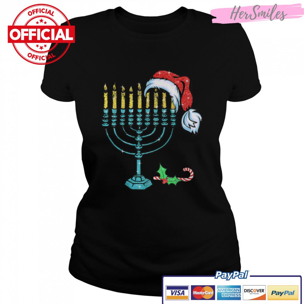 Menorah Santa Hat Chanukah Hanukkah Jewish Christmas T-Shirt B0BKLM2XR1