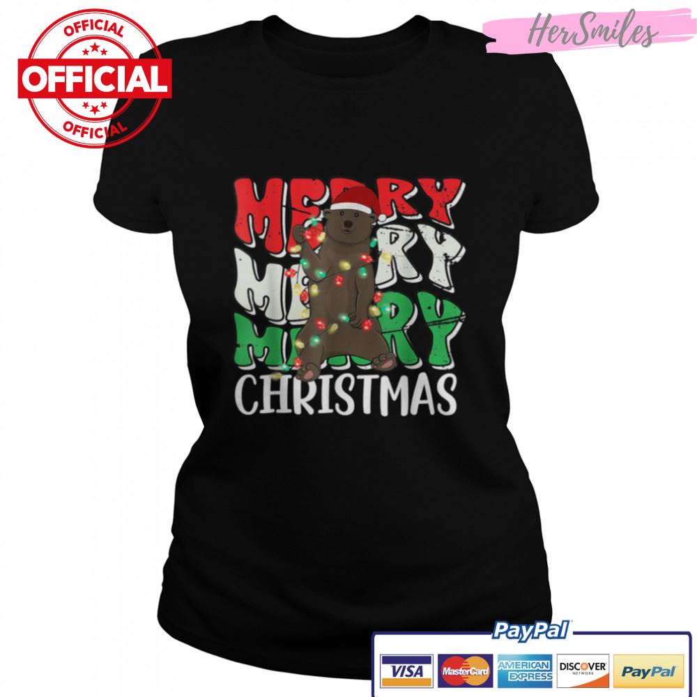 Merry Christmas Bear Santa Hat Lights Retro Groovy T-Shirt B0BKLMP1DZ
