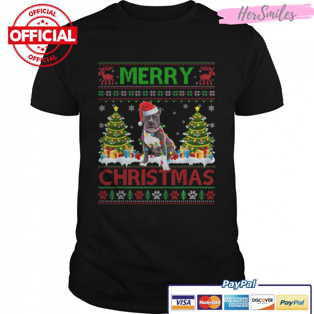 Merry Christmas Lighting Ugly Pitbull Christmas Sweater Tee T-Shirt B0BKLGLCF7
