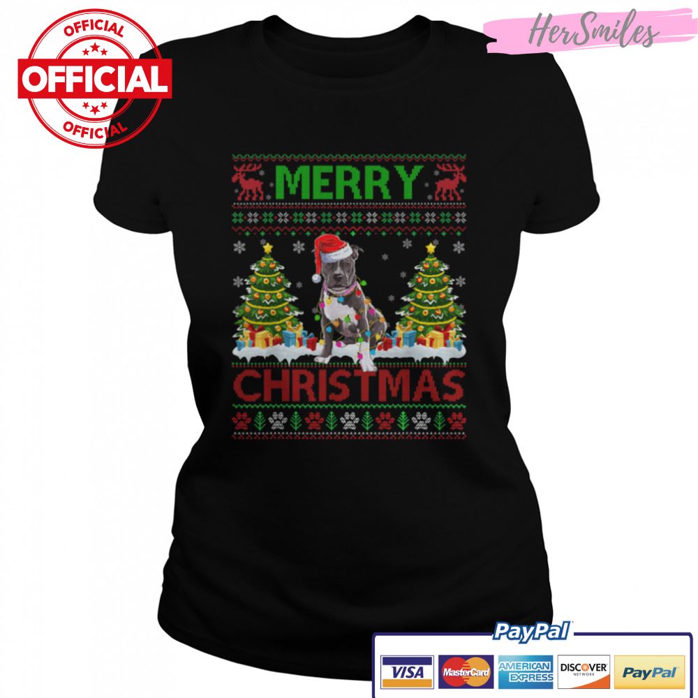 Merry Christmas Lighting Ugly Pitbull Christmas Sweater Tee T-Shirt B0BKLGLCF7