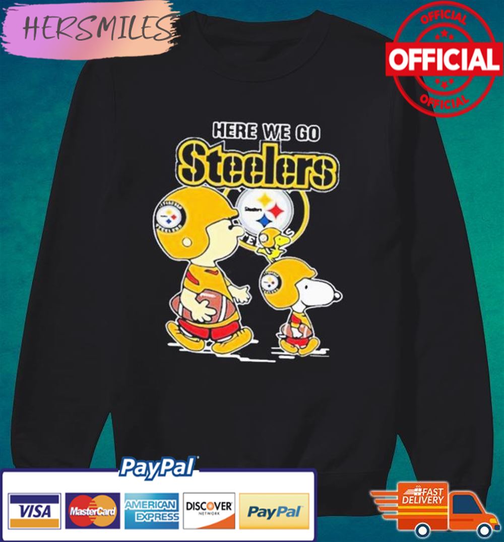 The Peanut charlie Brown Snoopy And Woodstock Here We Go Steelers T-shirt