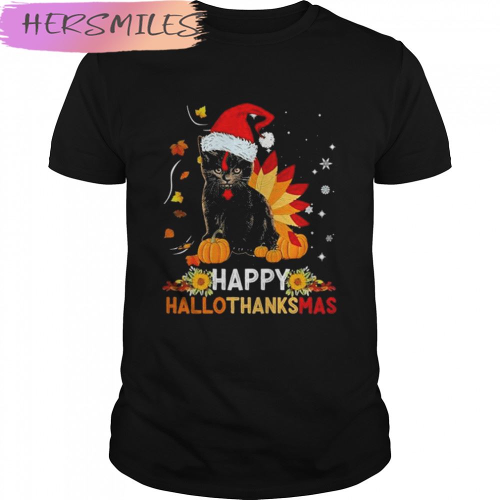 Santa Black Cat Happy Hallothanksmas Christmas 2022 T-shirt