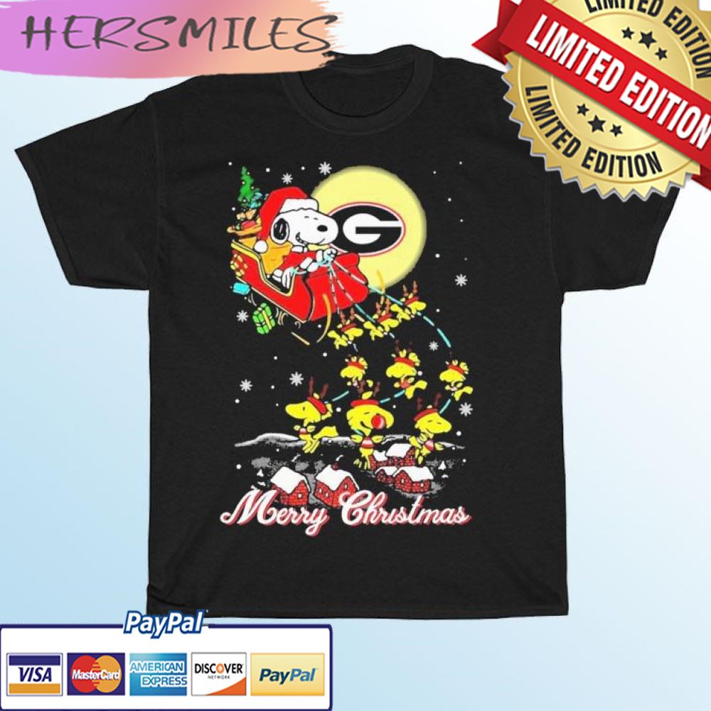 Santa Snoopy And Woodstock Riding Reindeers Georgia Bulldogs Merry Christmas T-shirt