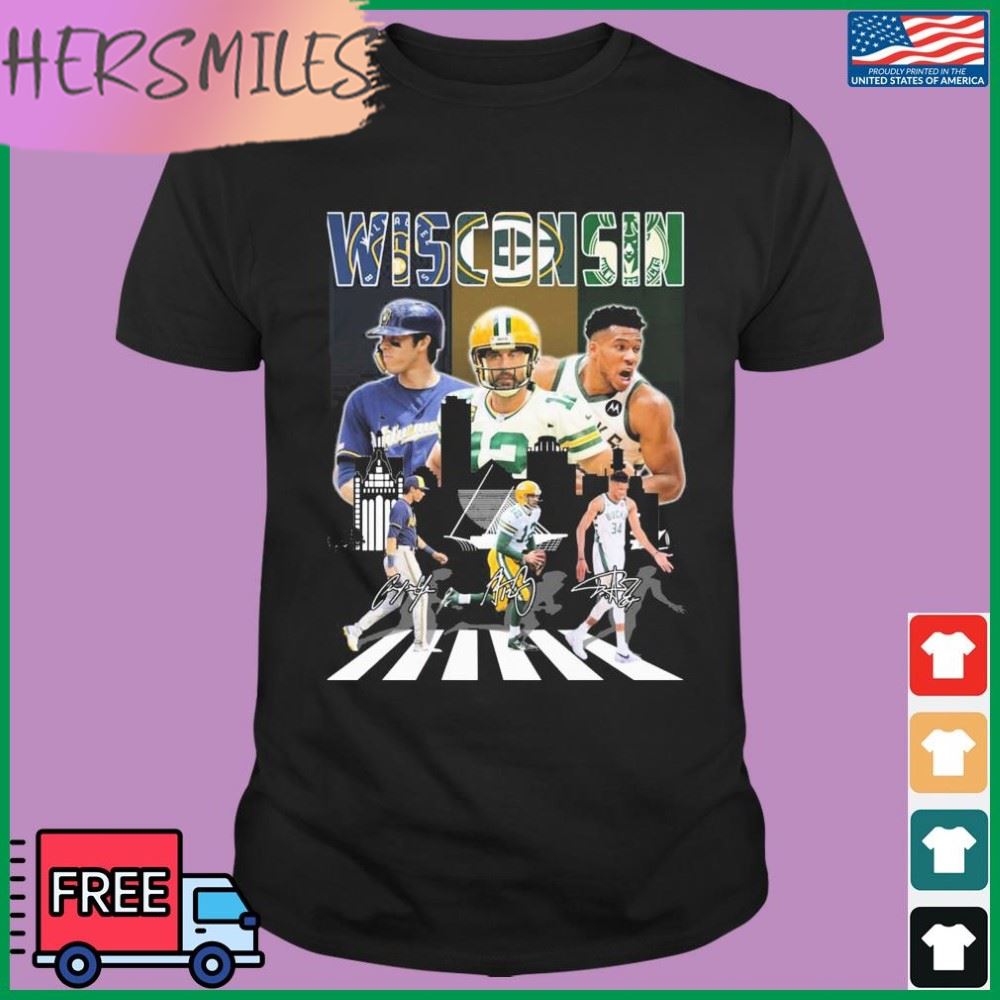 Wisconsin Sports Abbey Road Christian Yelich Aaron Rodgers And Giannis Antetokounmpo Shirt
