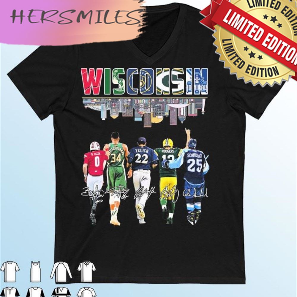 Wisconsin Sports Team Allen Yelich Rodgers And Antetokounmpo Signatures T-shirt