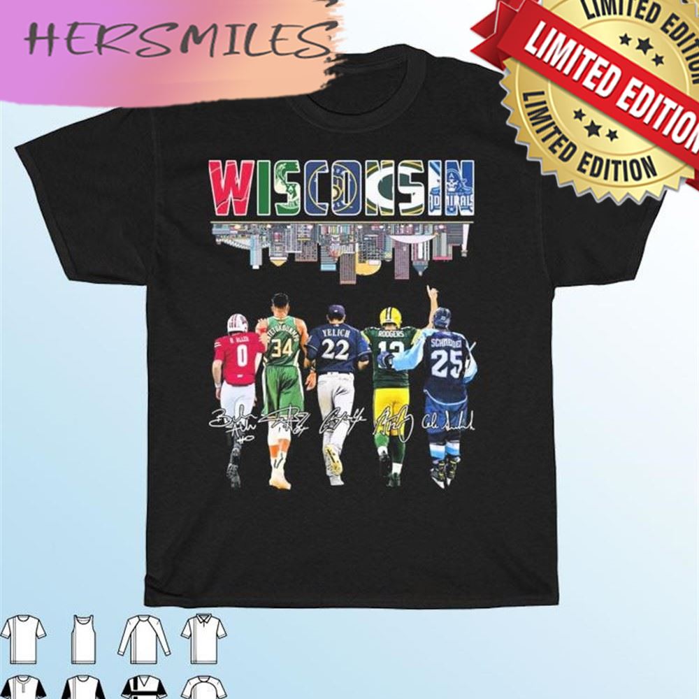 Wisconsin Sports Team Allen Yelich Rodgers And Antetokounmpo Signatures T-shirt