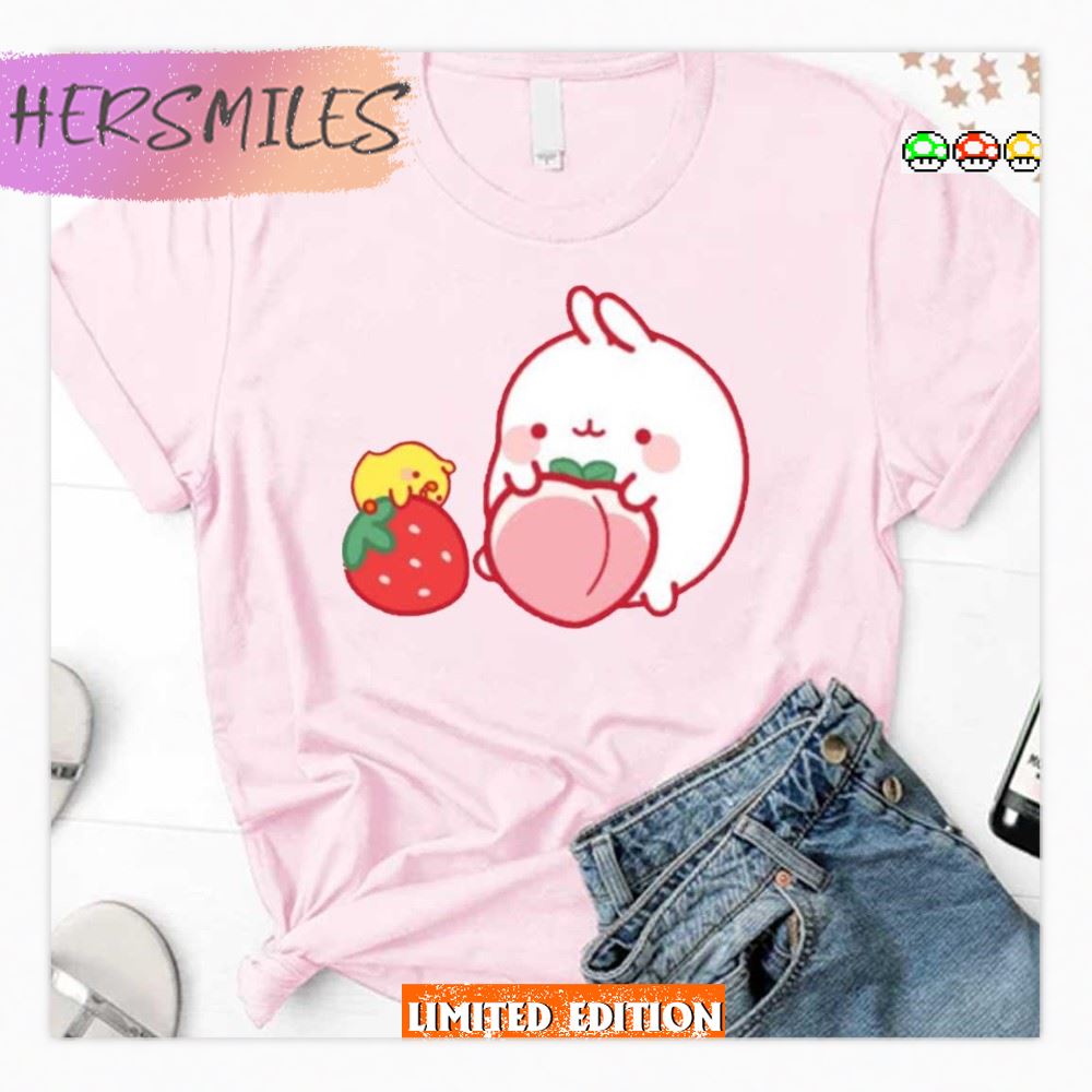 Strawberry And Peach Design Molang &amp Puipui  T-shirt