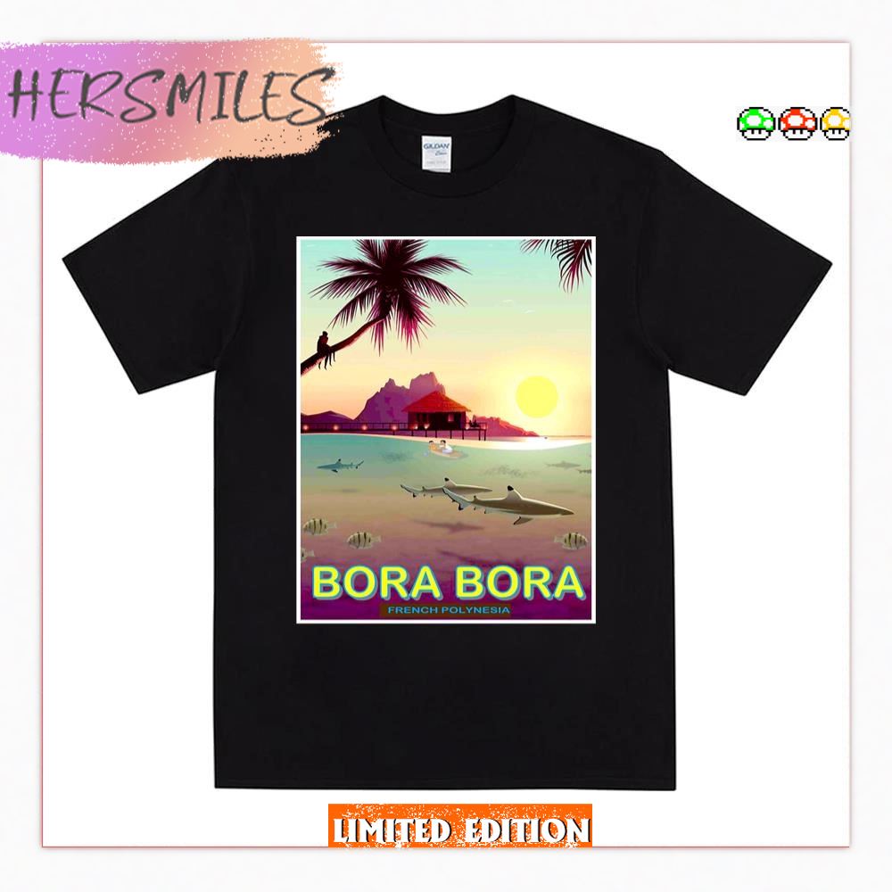 Bora Bora Vintage Fishing And Travel To French Polynesia Advertising Print T-Shirt