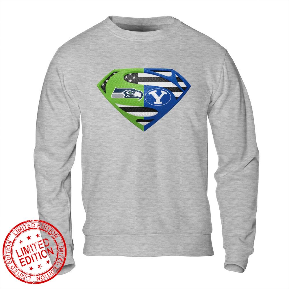 Seattle Seahawks Byu Cougars Superman Logo Us Flag Shirt - Hersmiles