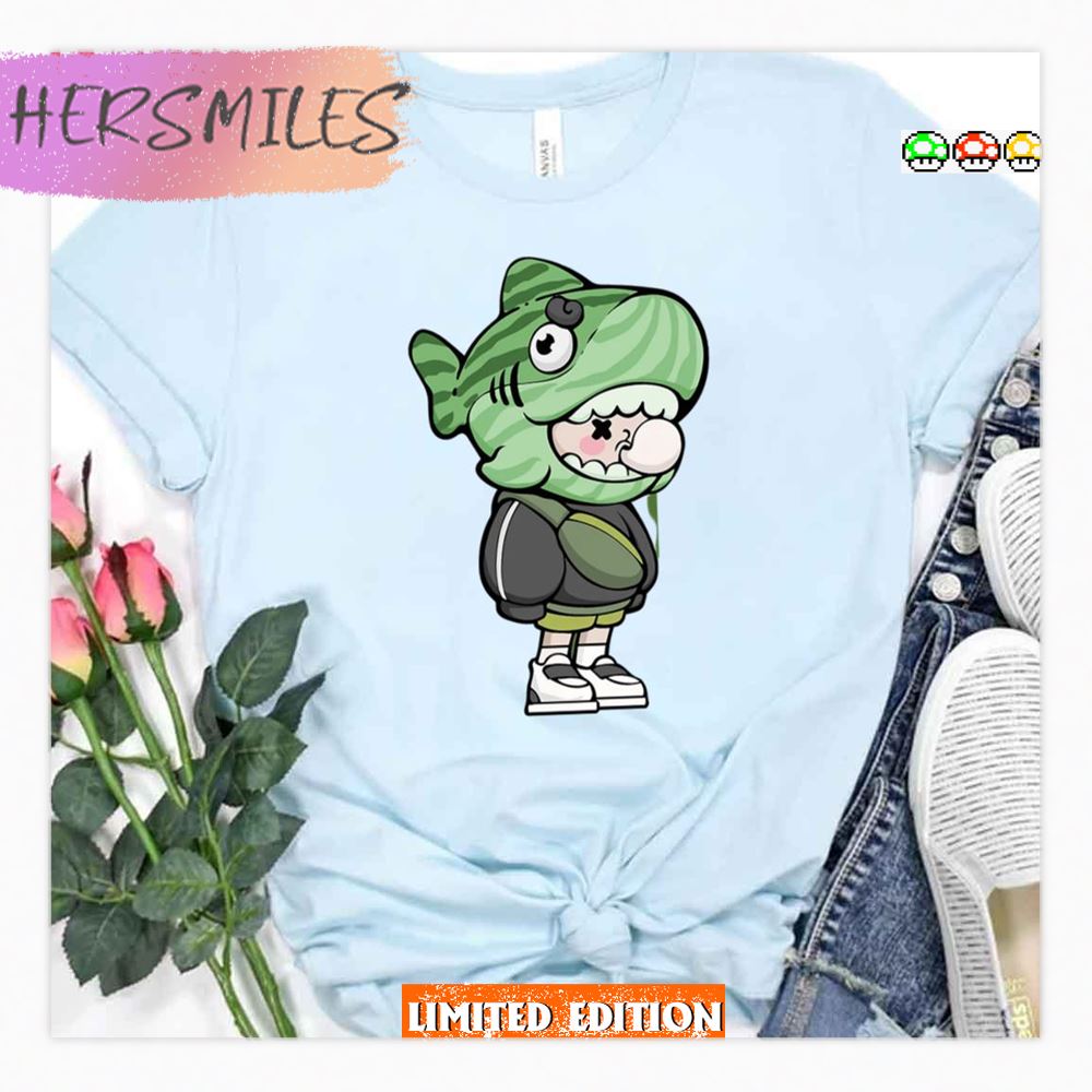 Boys Green Shark Helmet With Bubble Gum Shirt