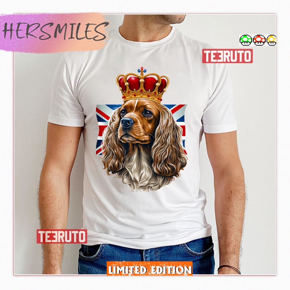 Cavalier King Charles Spaniel Dog Wearing A Crown With Union Jack Flag Shirt
