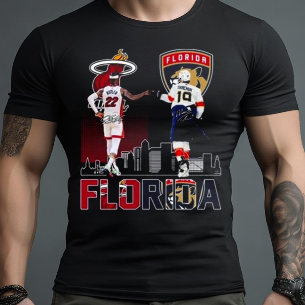 2023 Florida Panthers And Miami Heat Butler And Tkachuk Skylines Signatures Shirt