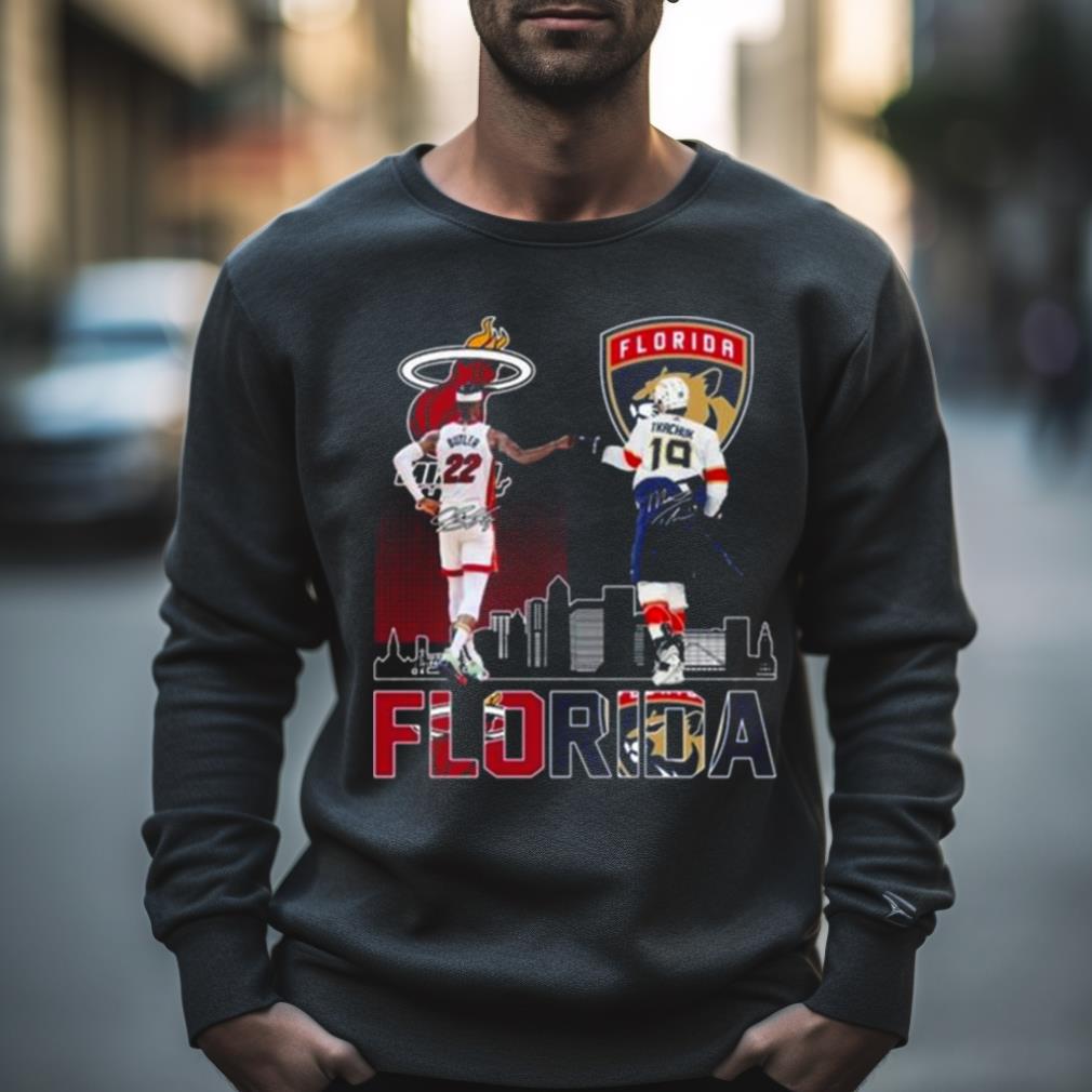 2023 Florida Panthers And Miami Heat Butler And Tkachuk Skylines Signatures Shirt