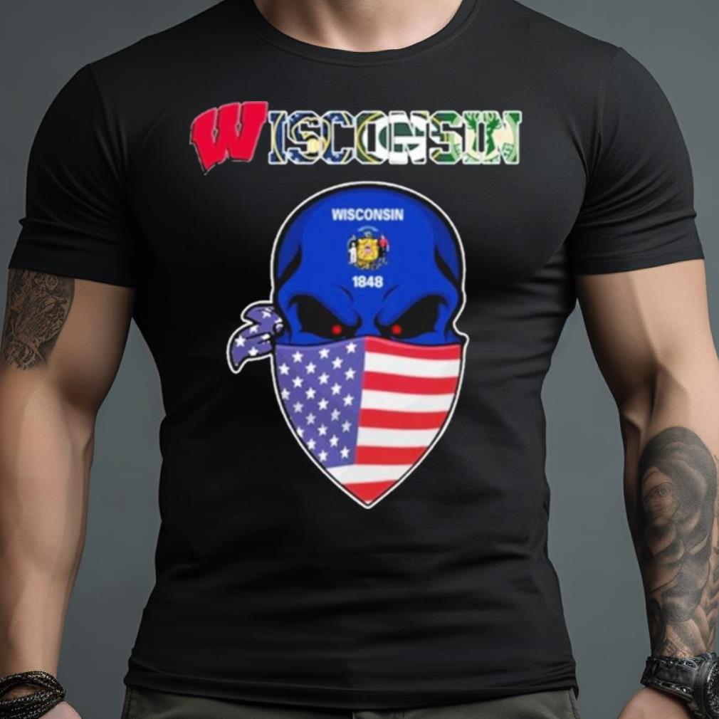 Official Wisconsin Sport Skull Wearing American Flag Mask Shirt