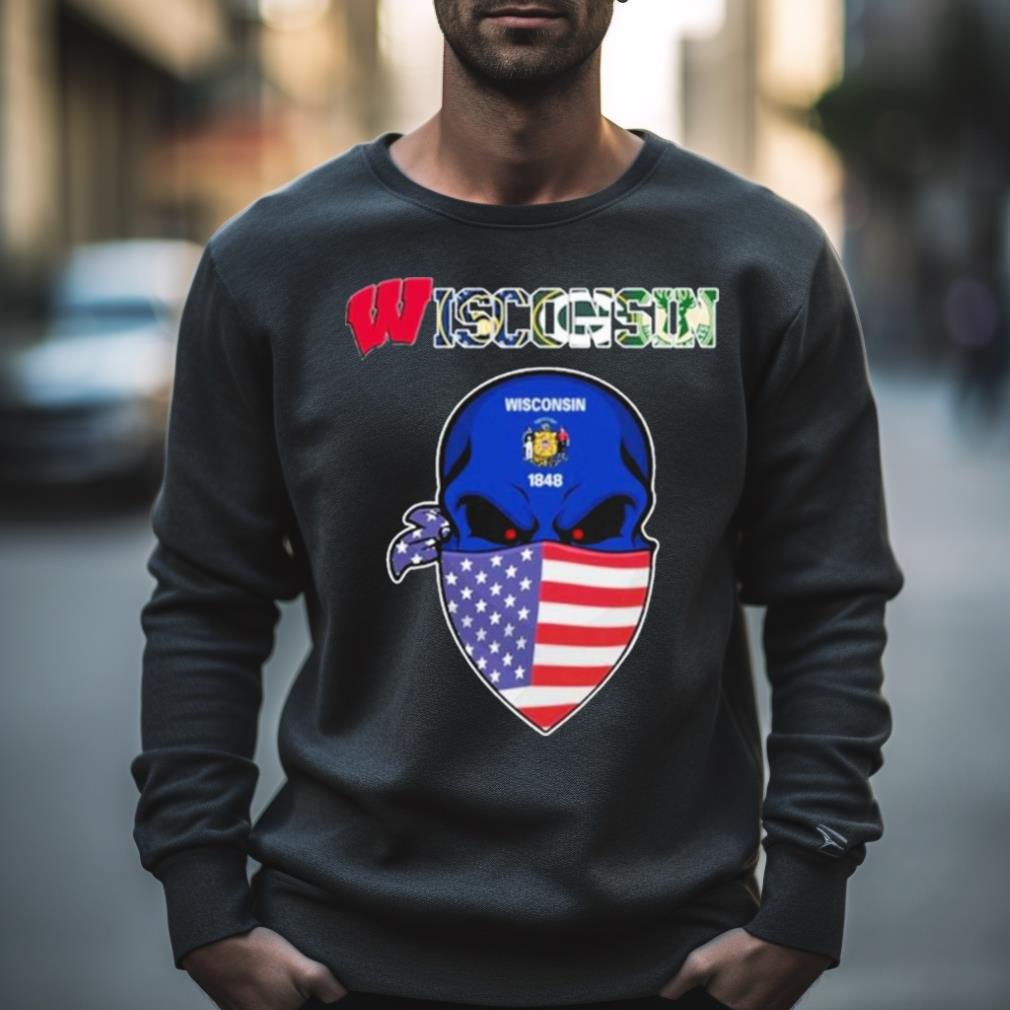 Official Wisconsin Sport Skull Wearing American Flag Mask Shirt