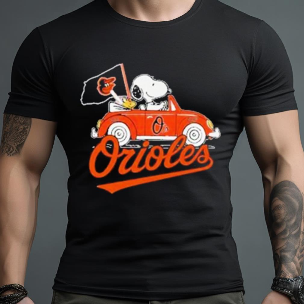 Snoopy Drives Car With Baltimore Orioles Flag Shirt