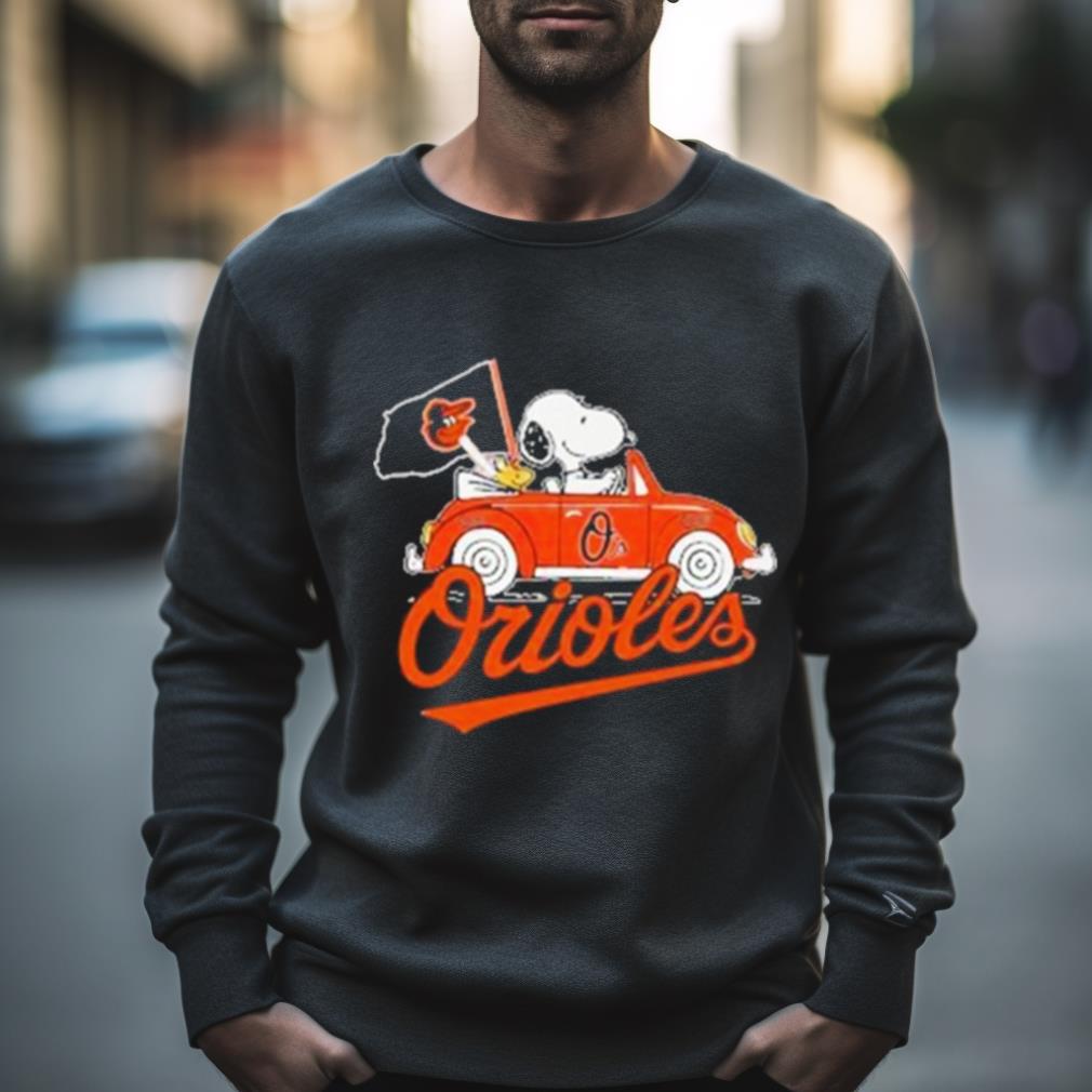 Snoopy Drives Car With Baltimore Orioles Flag Shirt