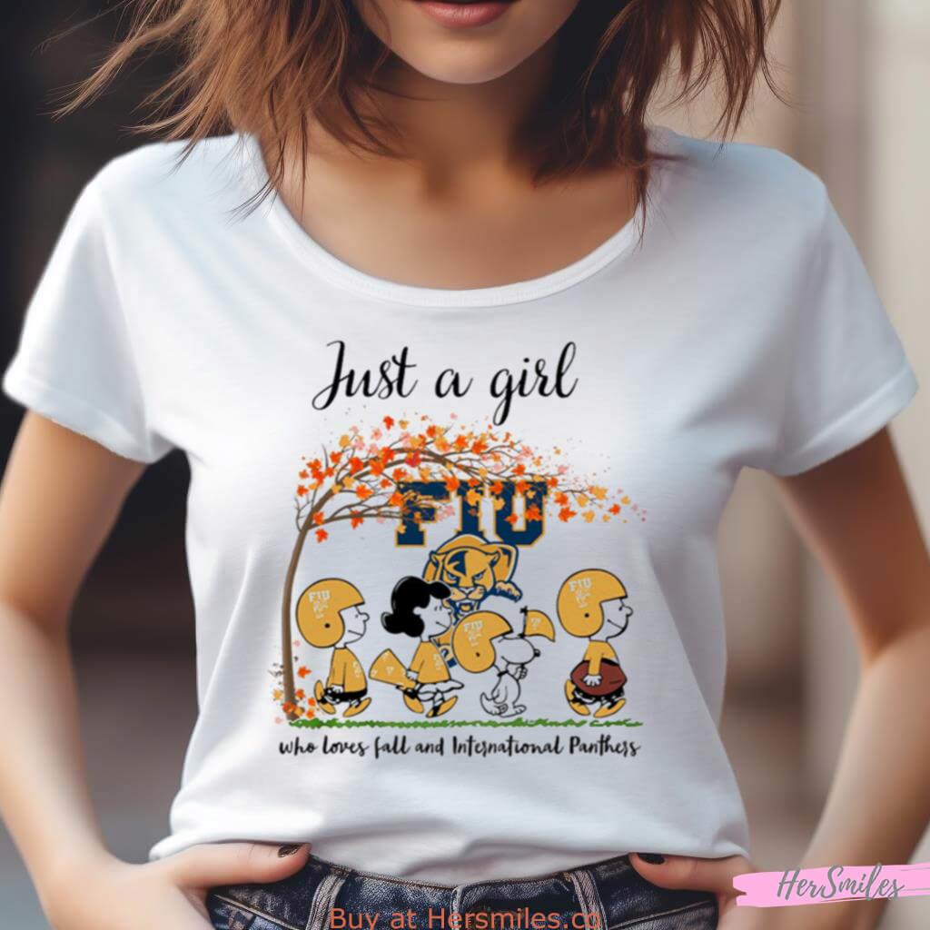 Just A Girl Who Loves Fall And Florida International Panthers Peanuts Cartoon Halloween Shirt